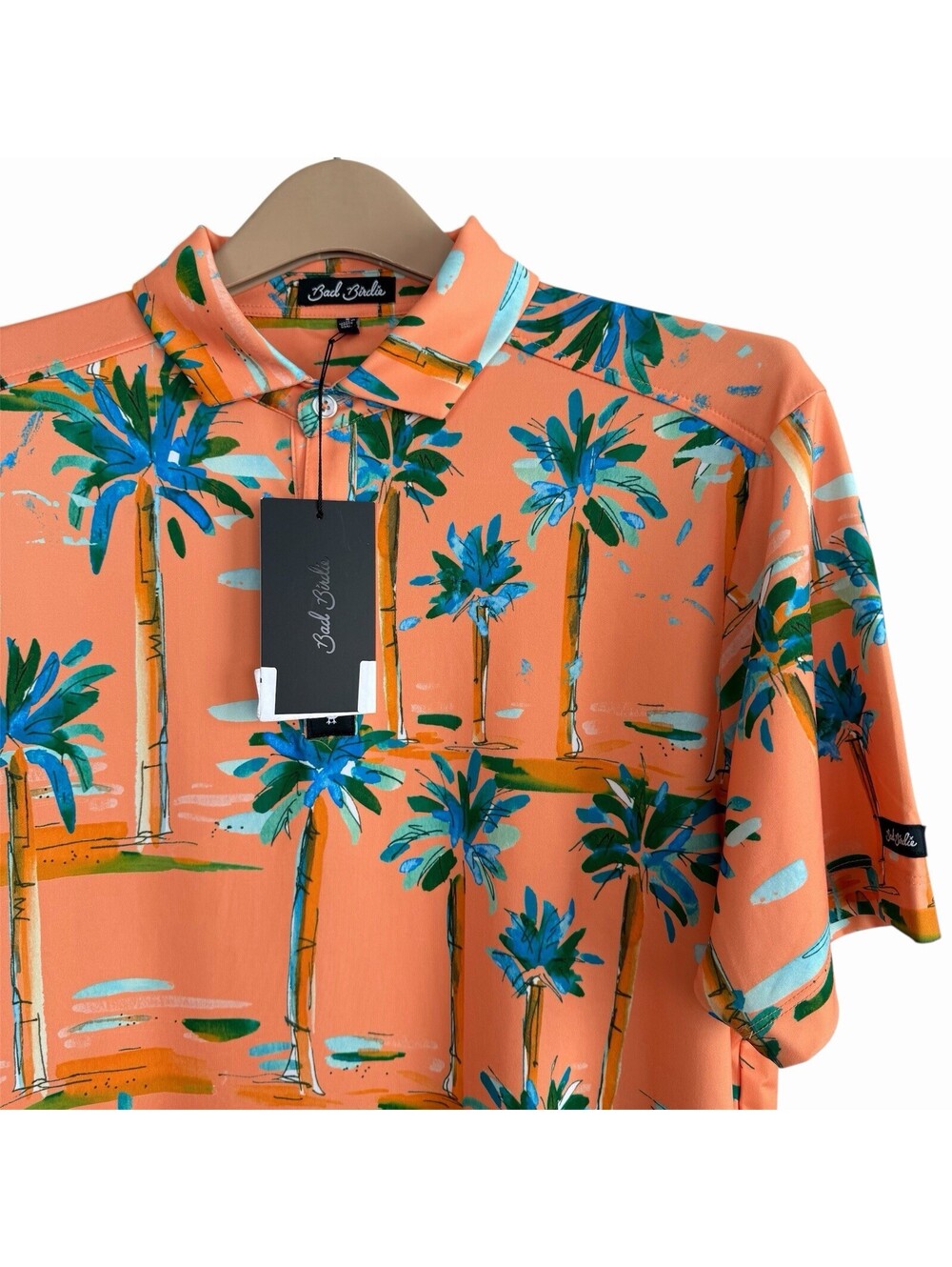 Bad Birdie Polo Shirt Mens Small Orange Blue Performance Golf Abstract Palm Tree